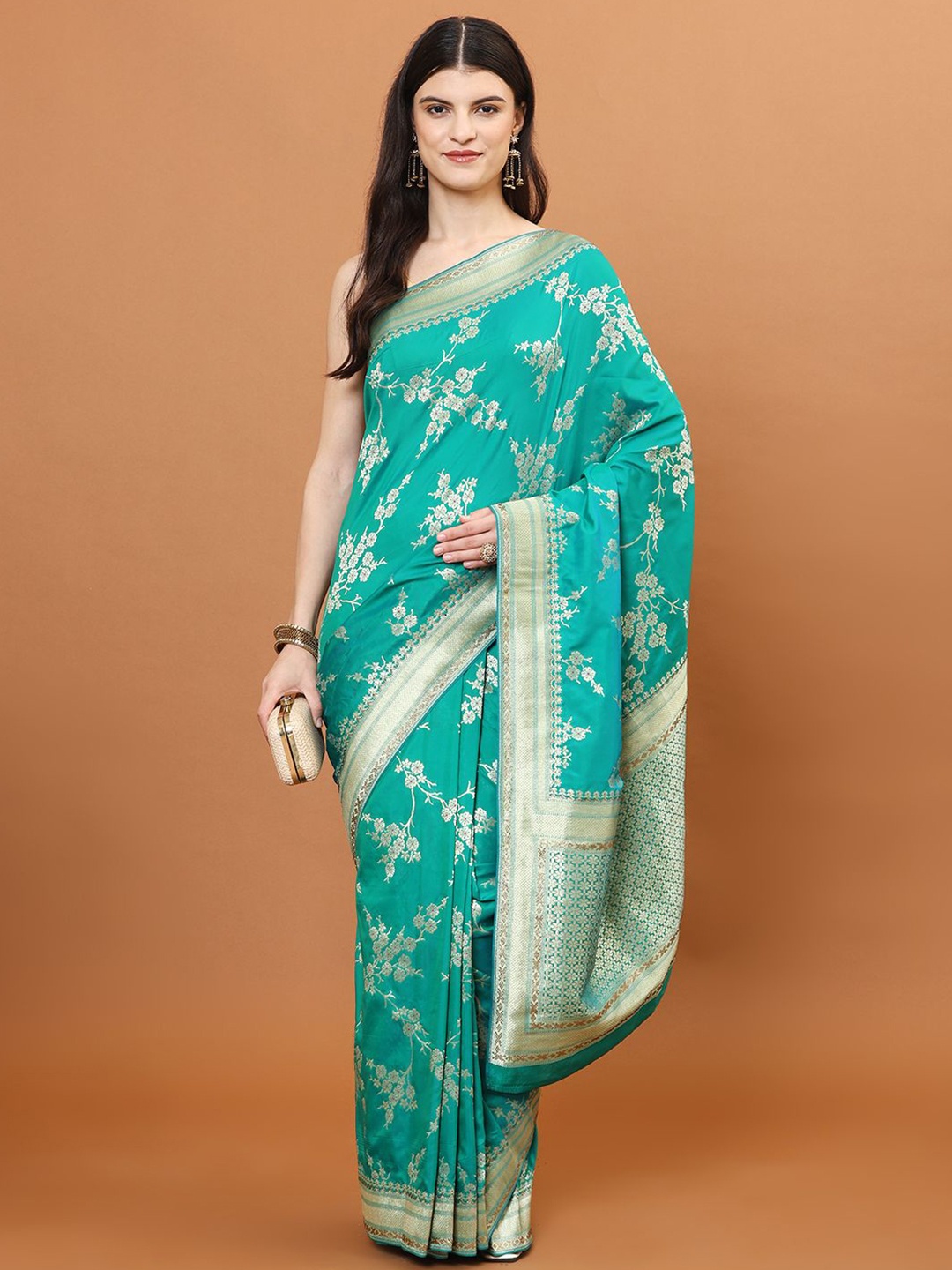 

Meena Bazaar Floral Woven Jaal Art Silk Banarasi Saree, Sea green