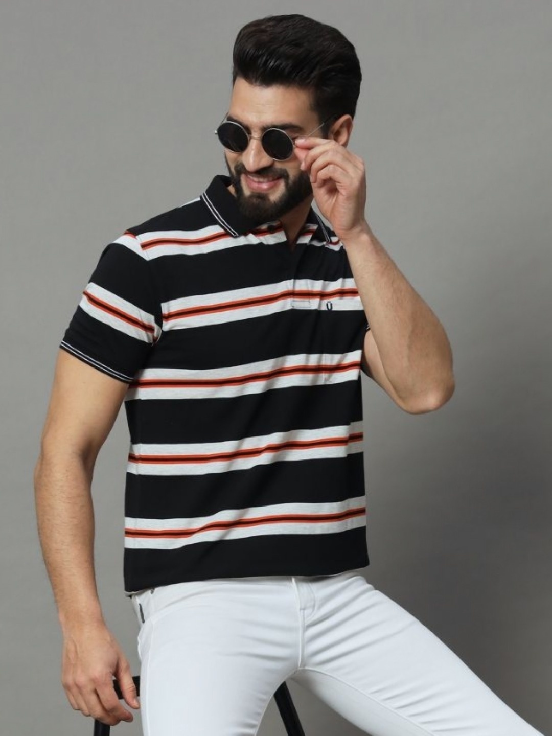 

UNIBERRY Men Striped Polo Collar T-shirt, Navy blue