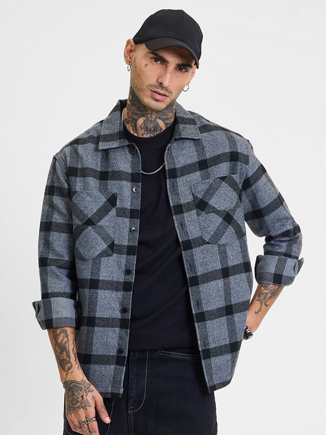 

Snitch Men Checked Open Front Jacket, Grey