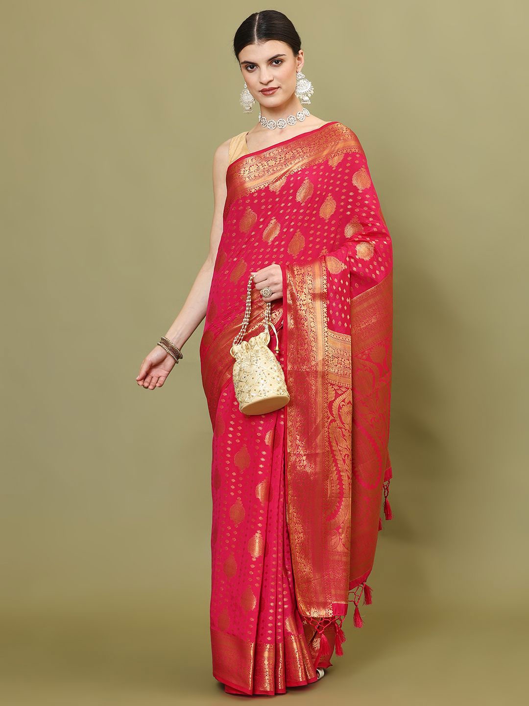 

Meena Bazaar Ethnic Motifs Zari Art Silk Saree, Pink