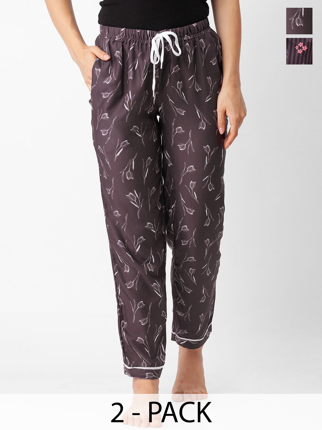 

FashionRack Women Pack of 2 Floral Printed Mid-Rise Pyjamas, Brown