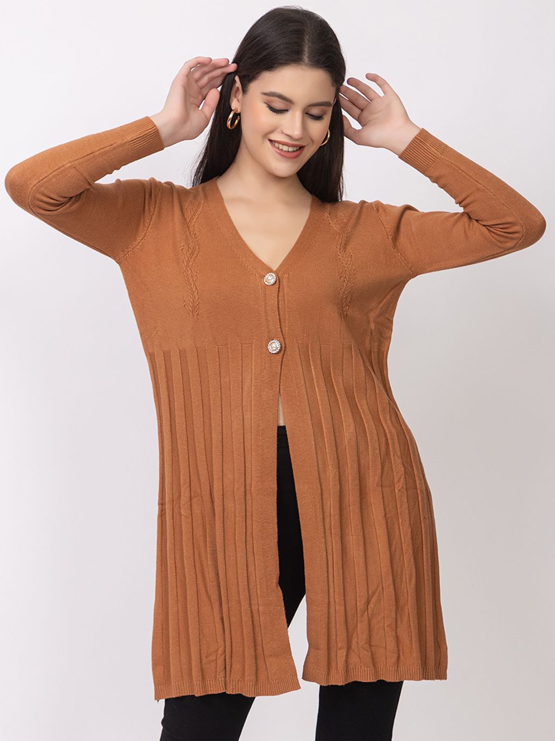 

Lory Self Design Front Open Winter Sweater, Rust