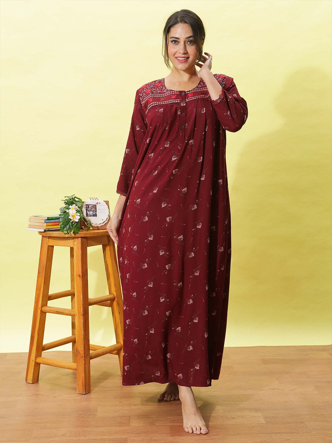 

9shines Label Women Embroidered Maxi Nightdress, Maroon