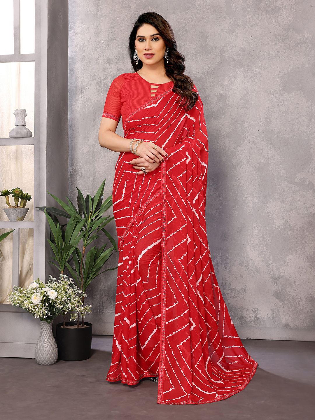 

ANAND SAREES Tie and Dye Beads and Stones Pure Georgette Saree, Red