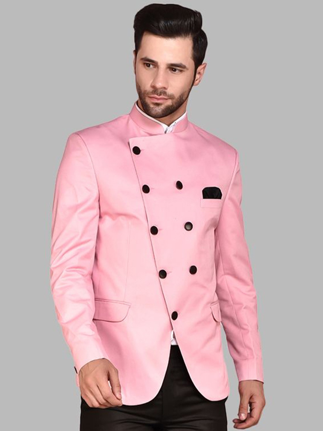

PRINTINDIA Mandarin Collar Single Breasted Bandhgala Blazer, Pink