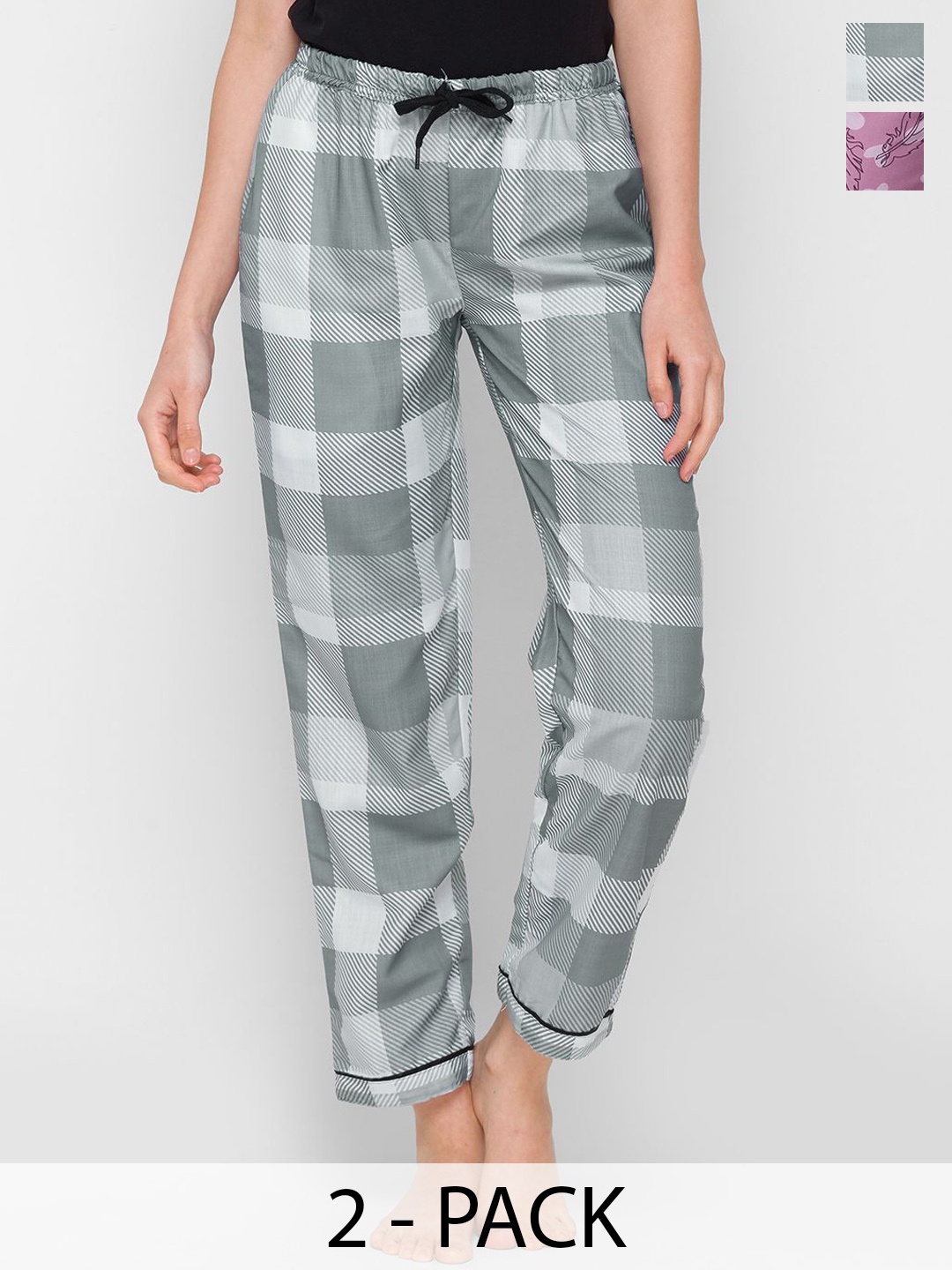 

FashionRack Women Pack Of 2 Checked & Printed Pyjamas, Grey