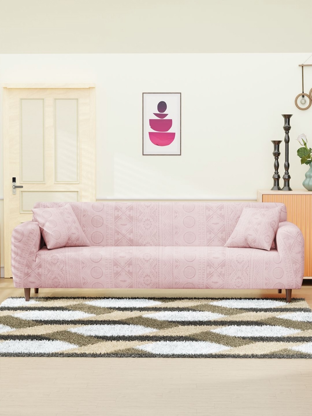 

Myntra Elegant Homes Pink Tribal Pattern Four Seater Jacquard Sofa Cover & Cushion Covers