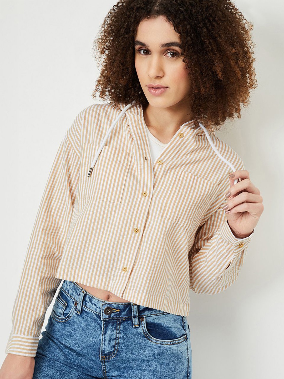 

max Women Opaque Striped Casual Shirt, Beige