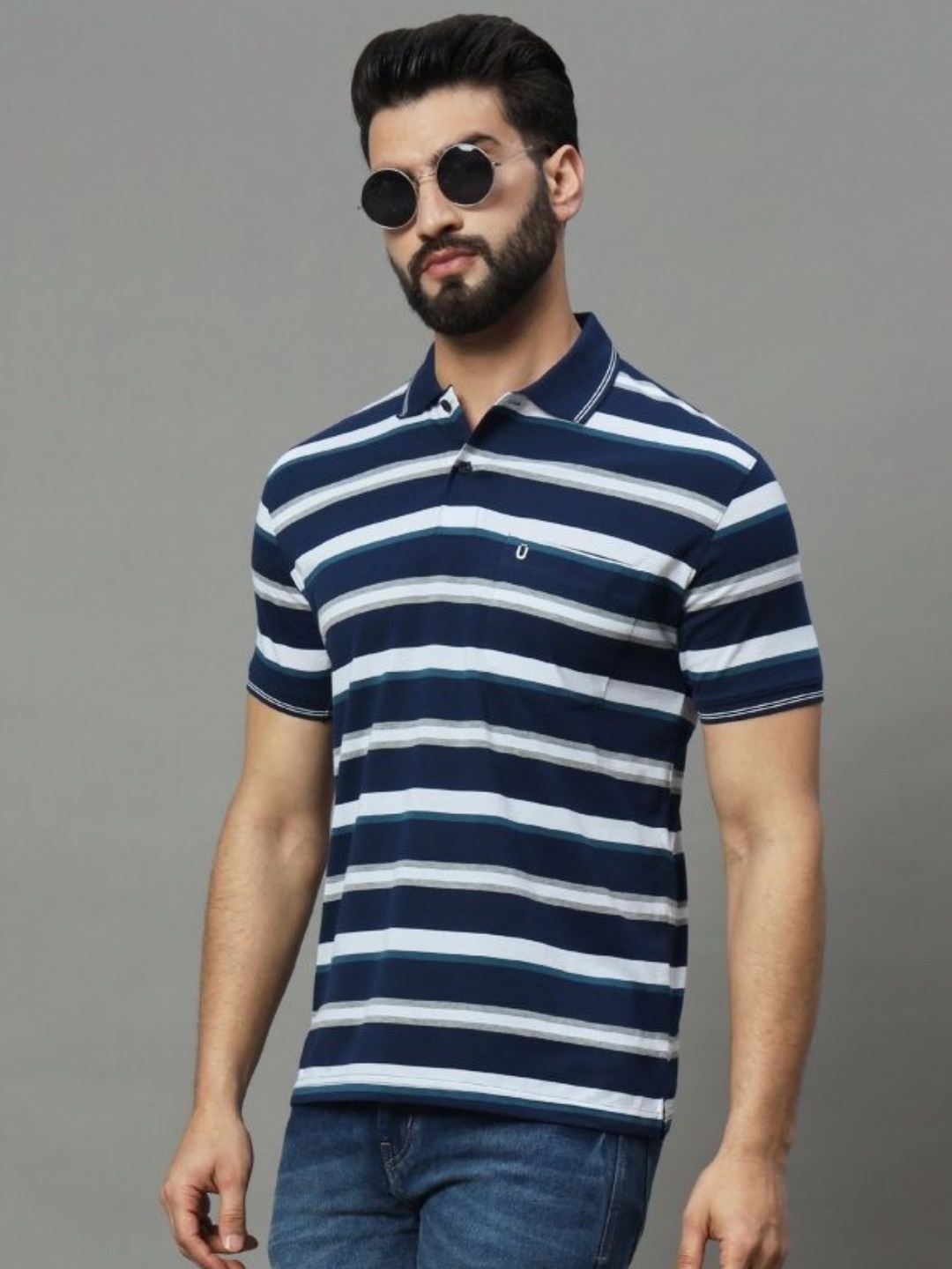 

UNIBERRY Men Striped Polo Collar T-shirt, Navy blue