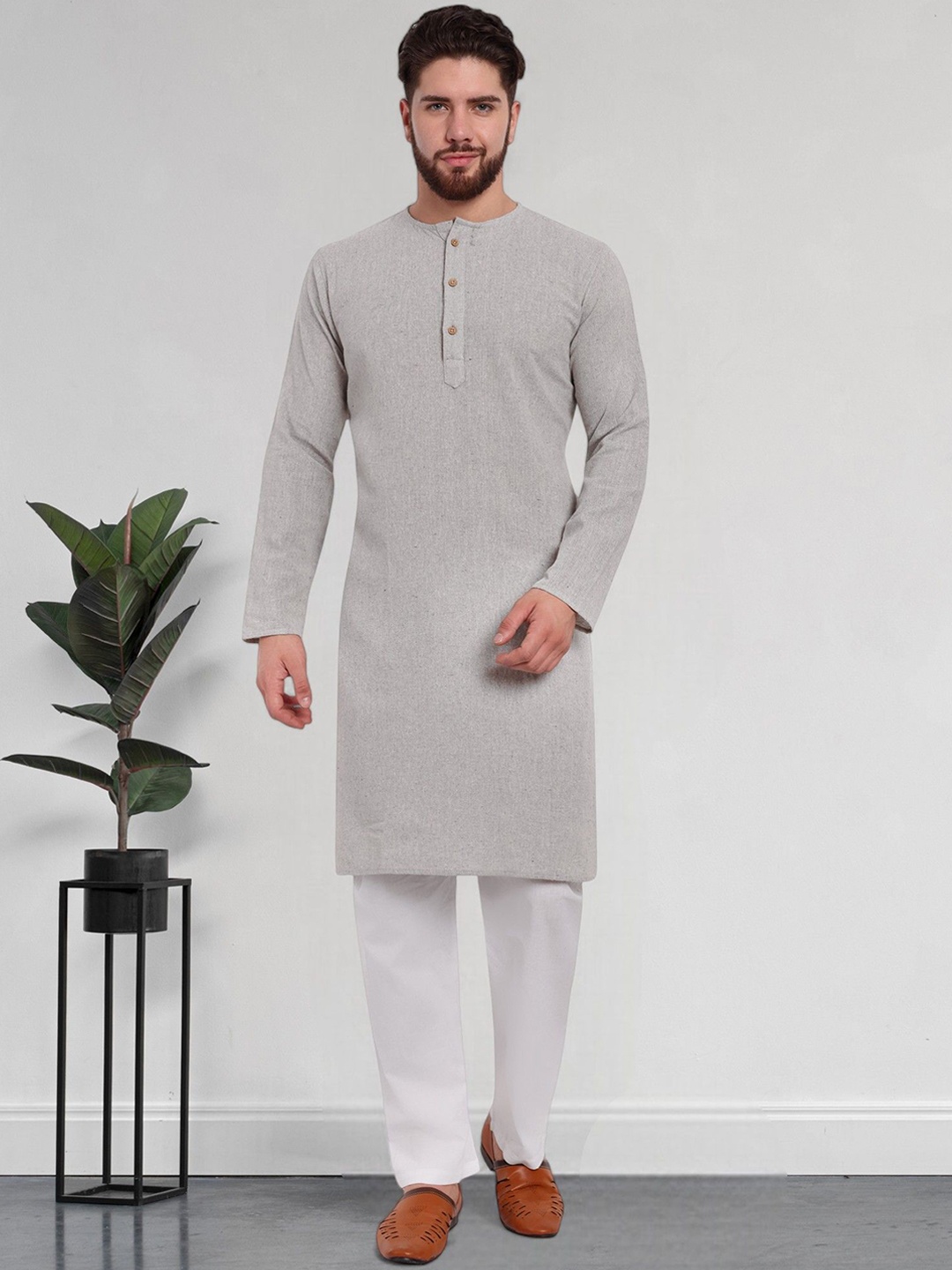 

SKAVIJ Men Regular Pure Cotton Kurta with Pyjamas, Grey