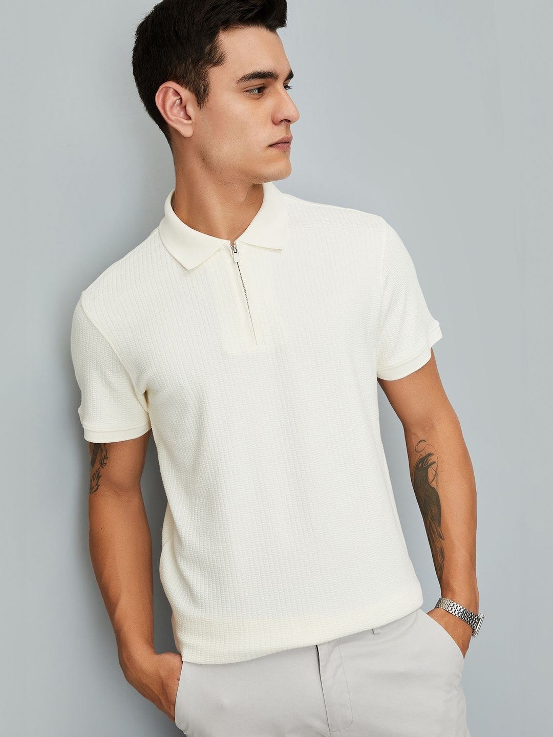 

max Men Polo Collar Extended Sleeves Pockets T-shirt, Off white