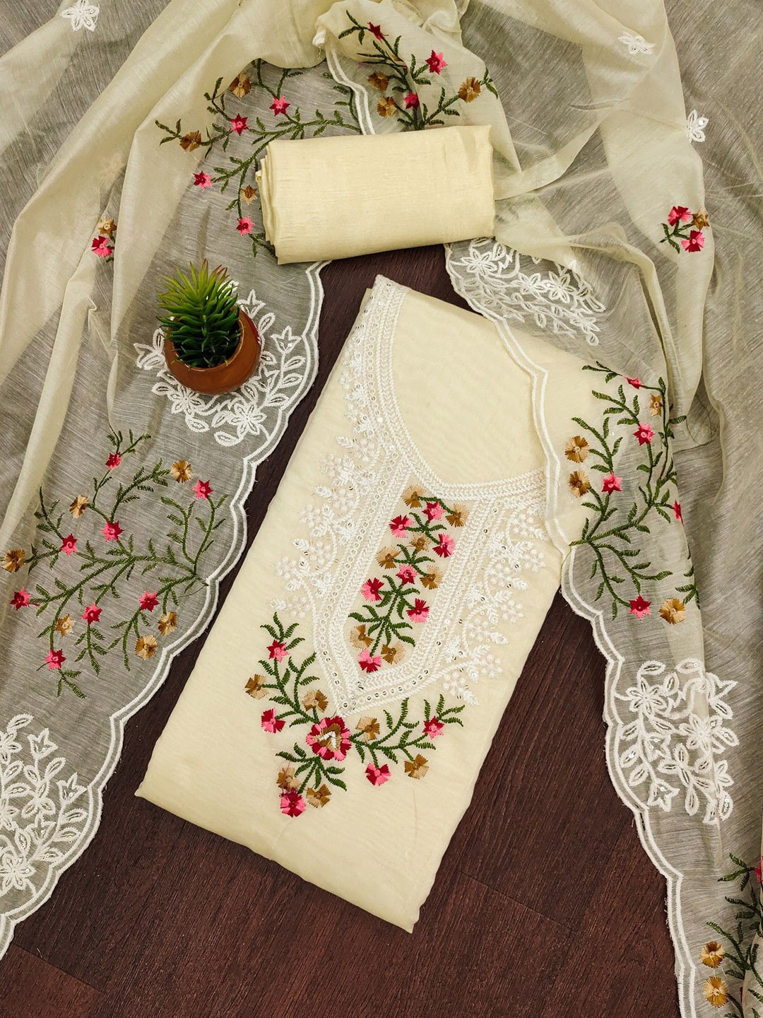 

ZEEPKART Unstitched Dress Material, Cream