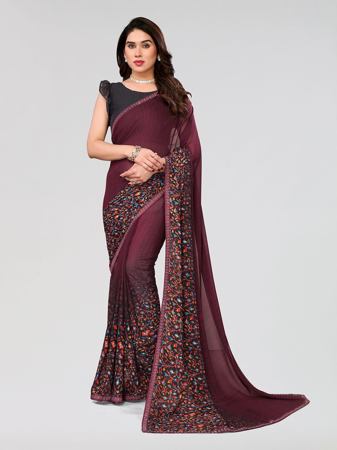 

ANAND SAREES Floral Beads and Stones Pure Georgette Saree, Brown
