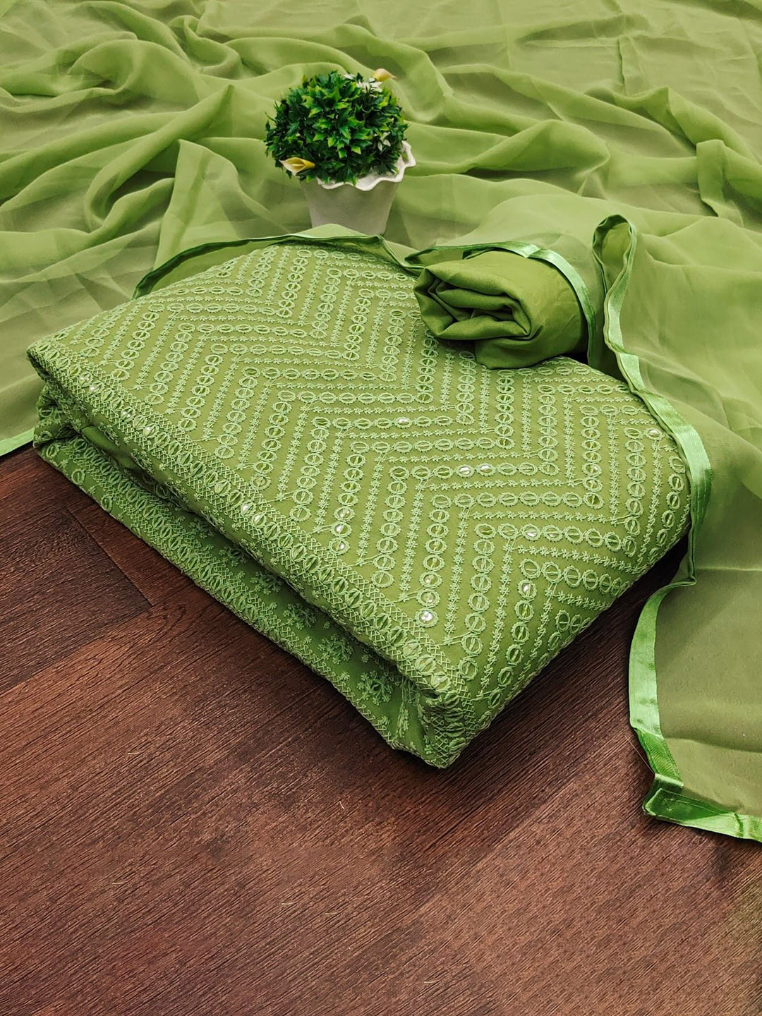 

ZEEPKART Silk Georgette Unstitched Dress Material, Green