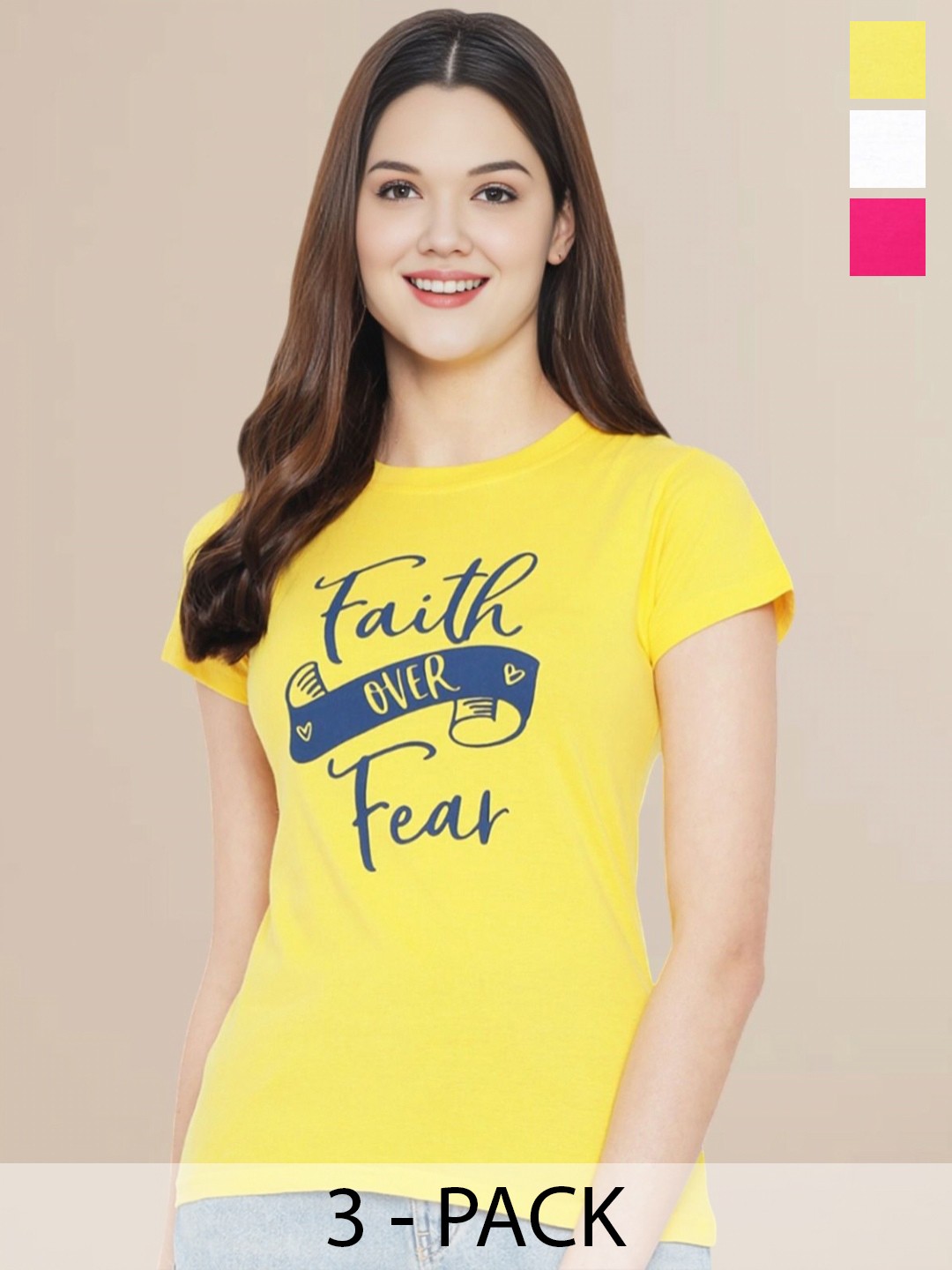 

Metronaut Women Pack Of 3 Typography Printed Round Neck Cotton Donald Duck T-shirts, Pink