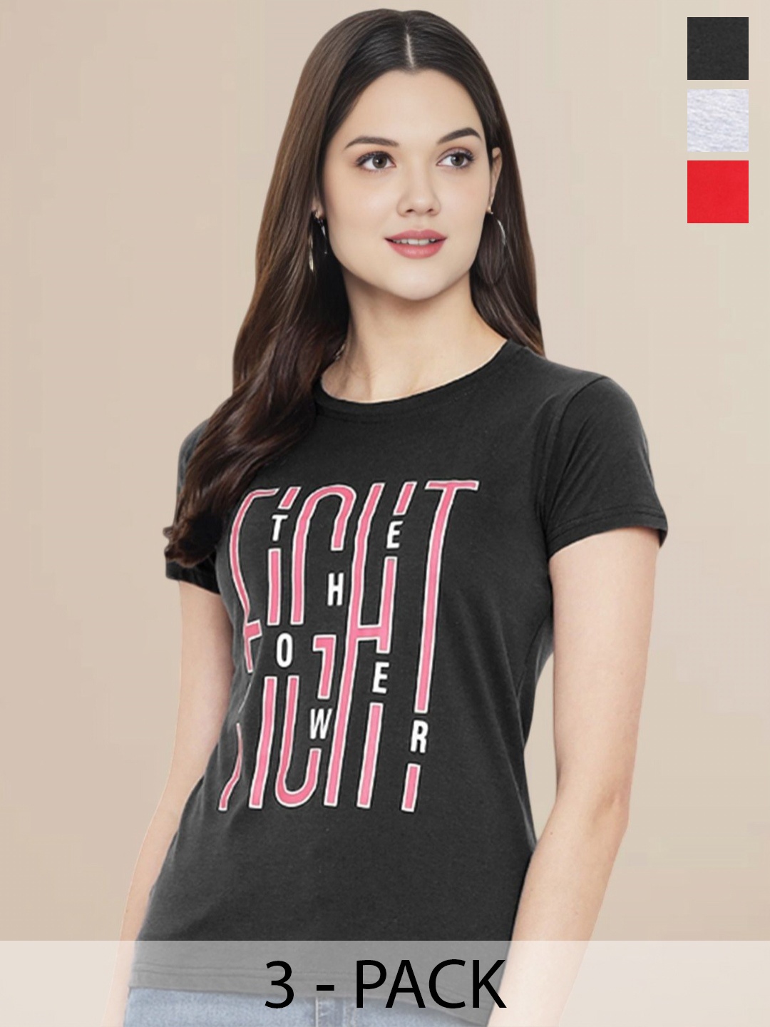 

Metronaut Women Pack Of 3 Typography Printed Round Neck Cotton T-shirts, Red