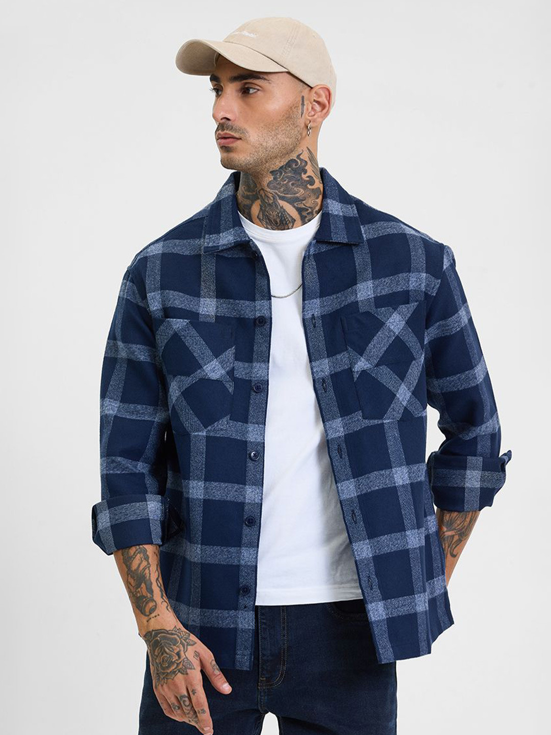 

Snitch Men Checked Open Front Jacket, Navy blue