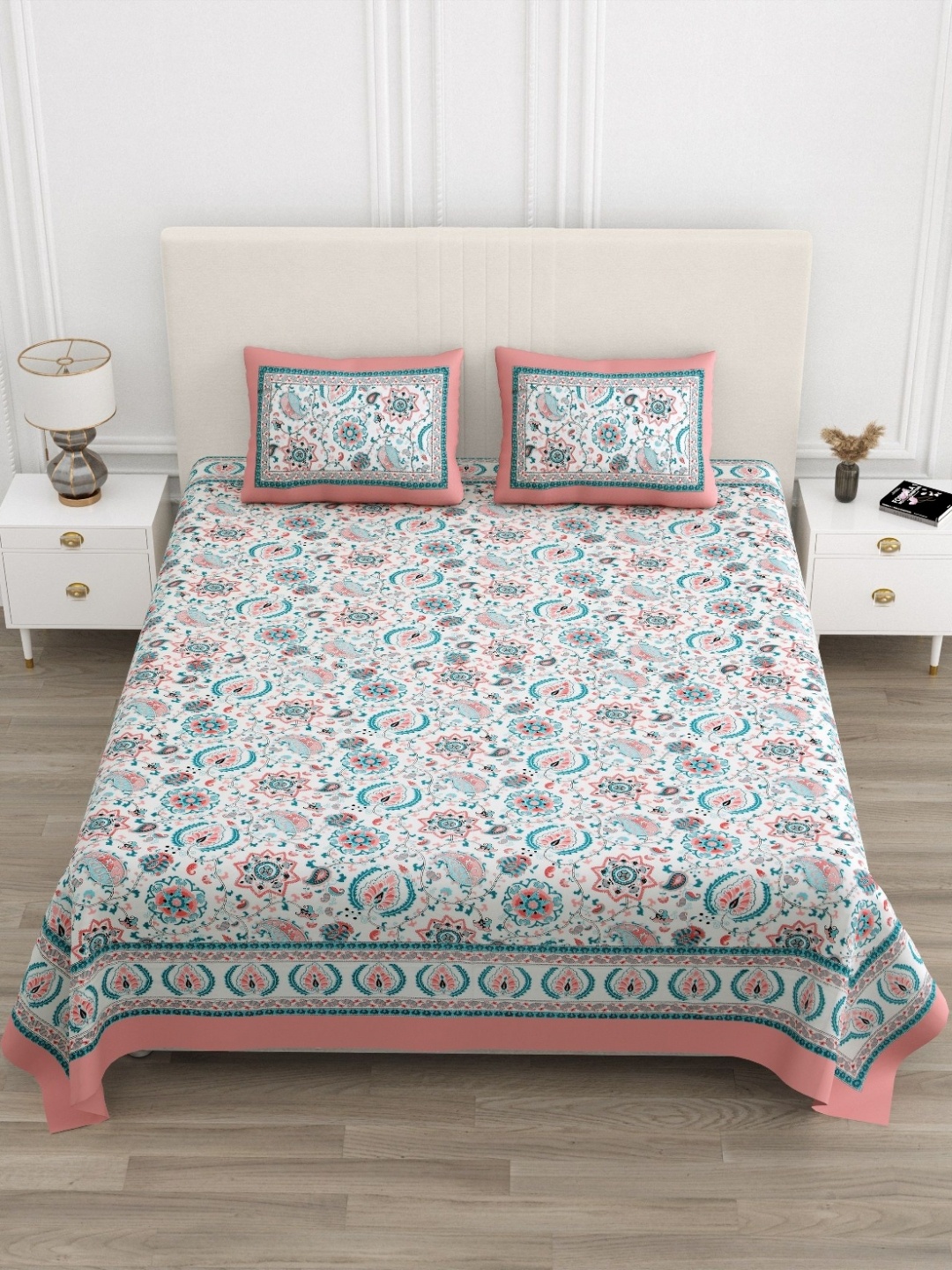 

Jinaya's Peach Colored Ethnic Printed Pure Cotton 210 TC King Bedsheet Set 2.74 m x 2.28 m