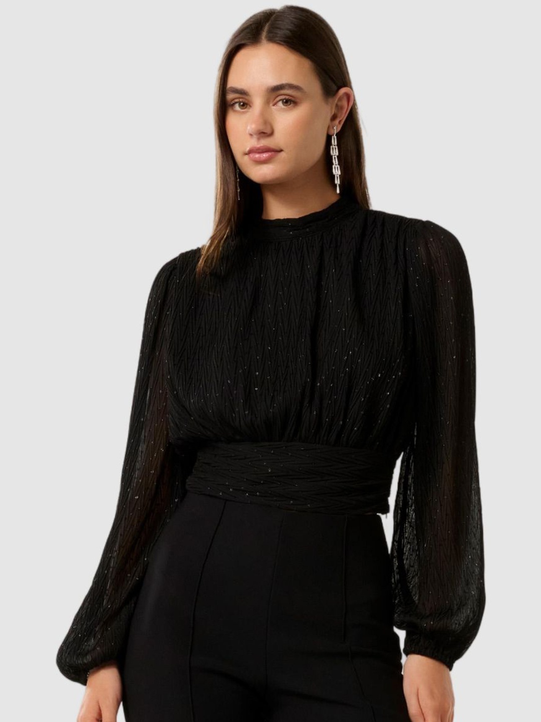 

Forever New Bishop Sleeves Sheer Chiffon Crop Top, Black