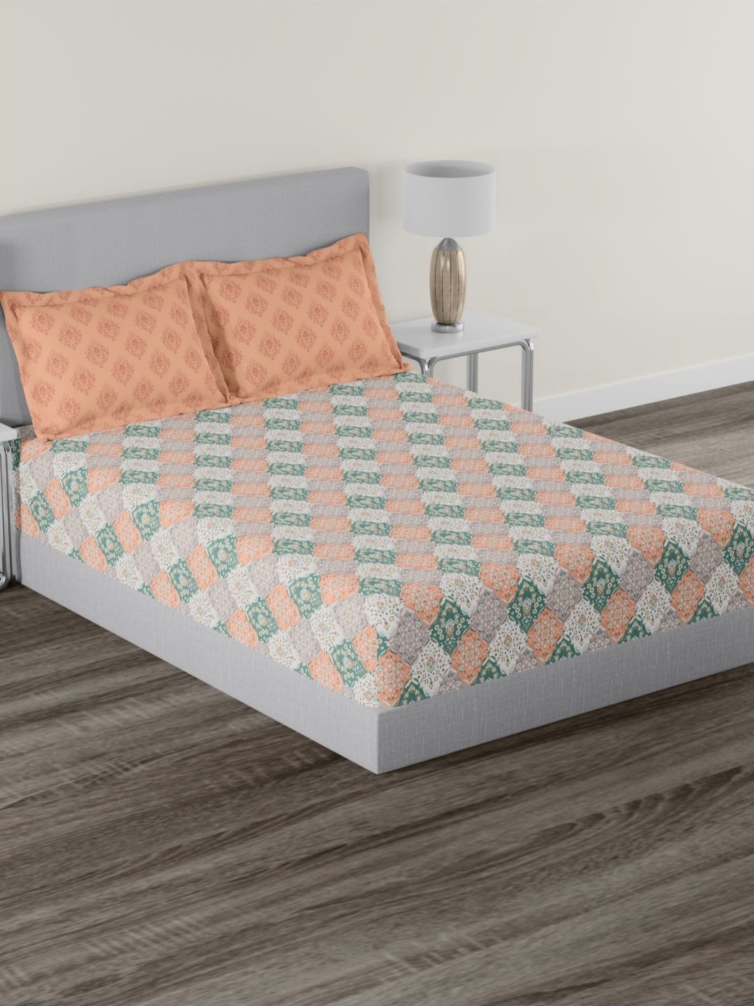 

MYTRIDENT Carnival Peach-Coloured Geometric Cotton 144 TC Queen Bedsheet Set-2.28m x 2.54m