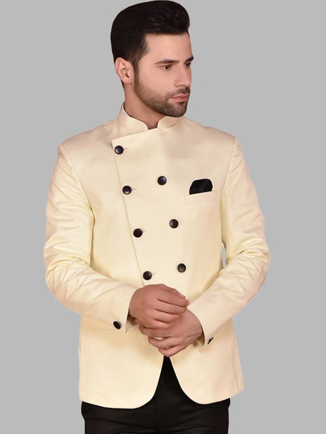 

PRINTINDIA Men Mandarin Collar Bandhgala Blazer, Cream