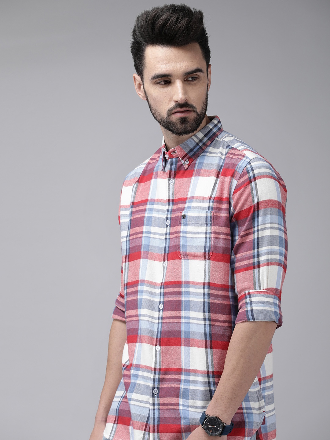 

THE BEAR HOUSE Men Blue & Red Pure Cotton Slim Fit Tartan Checks Casual Shirt