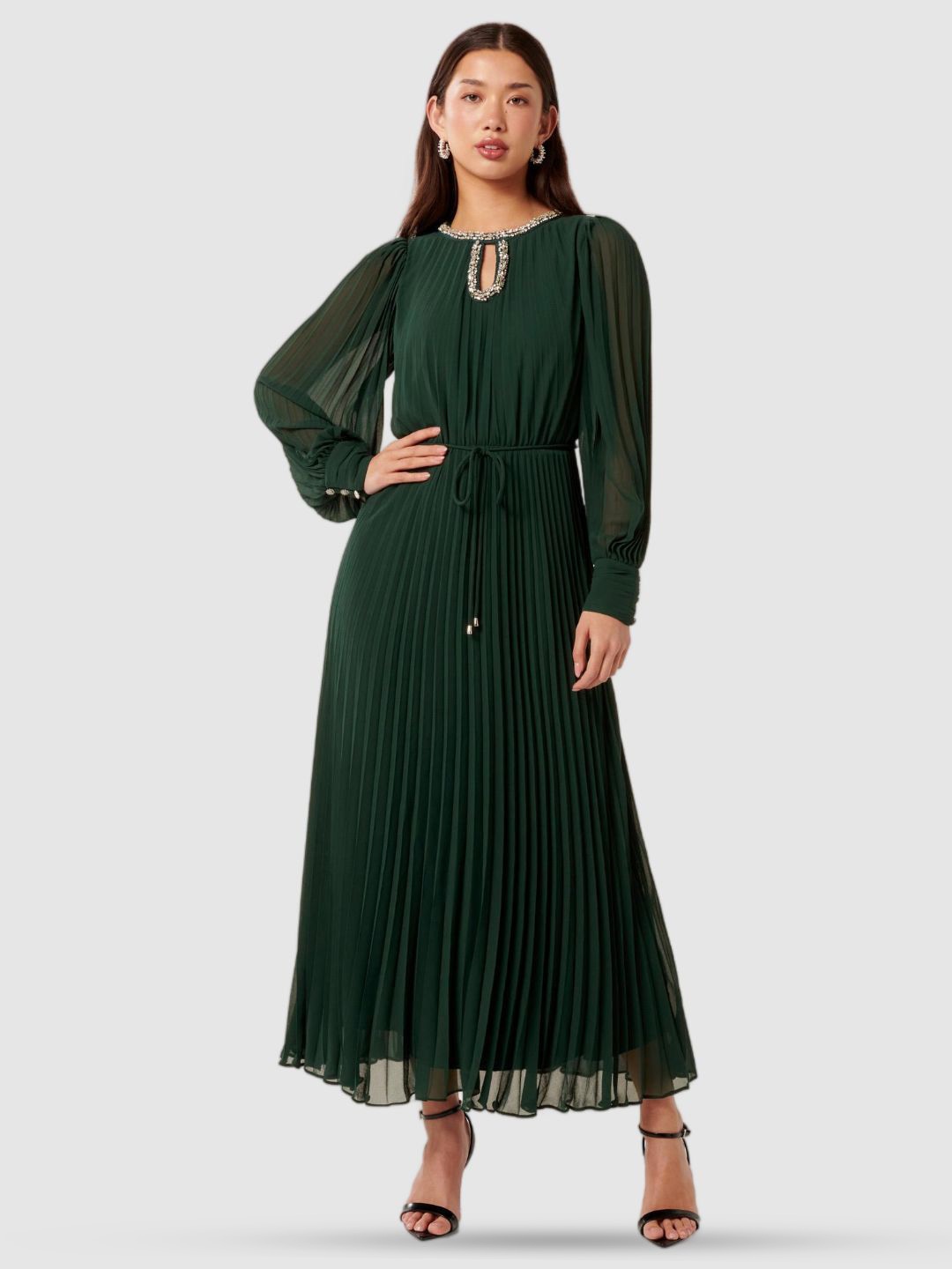 

Forever New Embellished Bishop Sleeve A-Line Midi Dress, Green