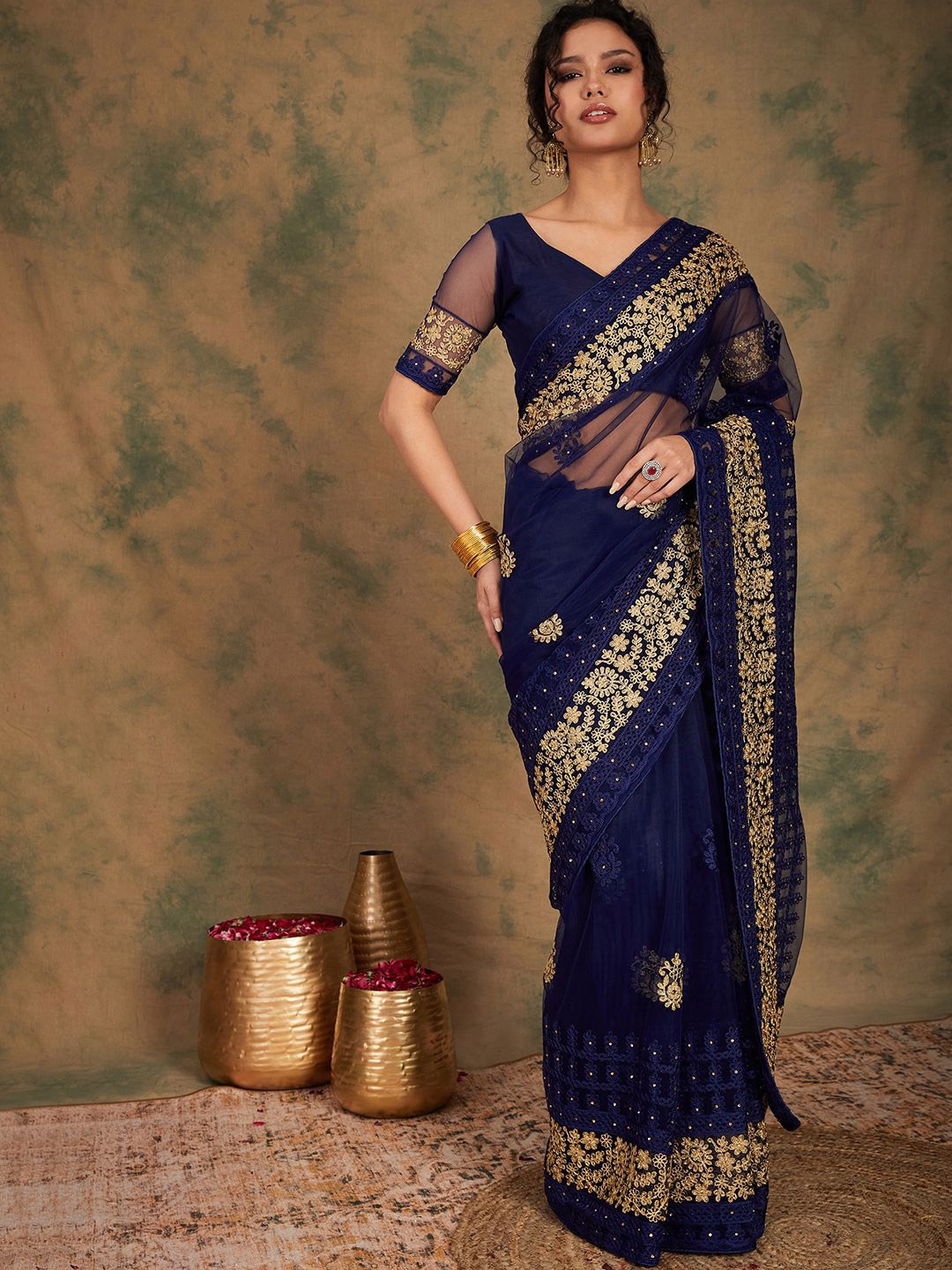 

Suha Embellished Embroidered Supernet Saree, Navy blue