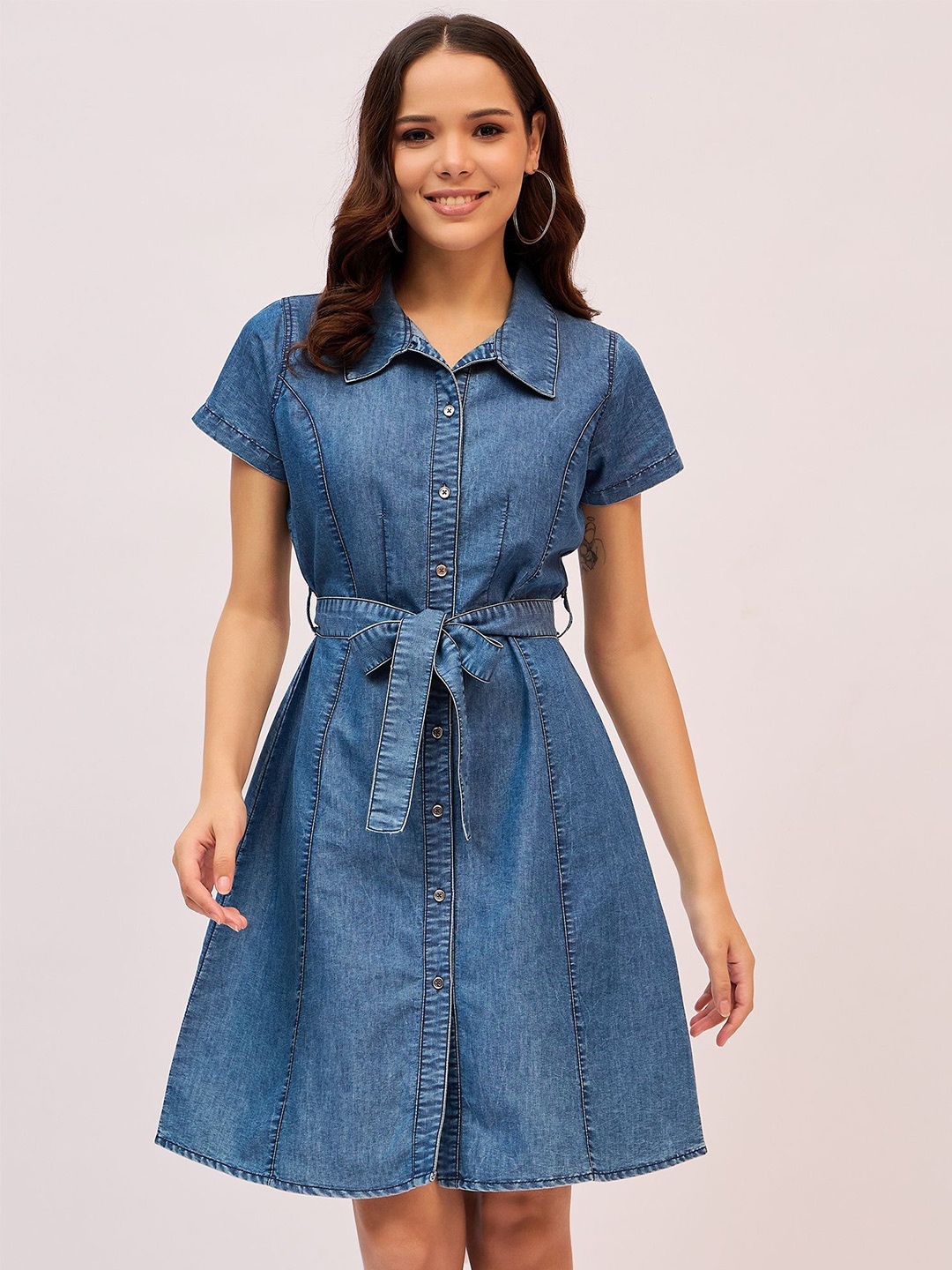 

Ruhaans Shirt Collar Sleeves Denim Shirt Dress Comes with a belt, Blue