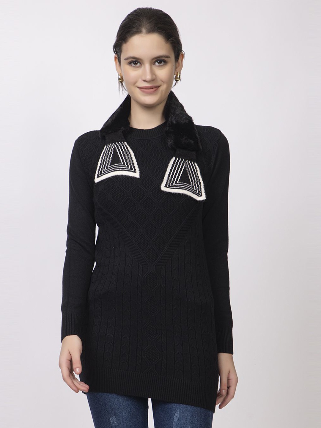 

Lory Self Design Long Sleeve Sweater, Black