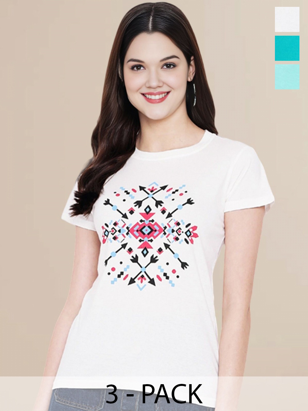 

Metronaut Women Pack Of 3 Typography Printed Round Neck Cotton T-shirts, White