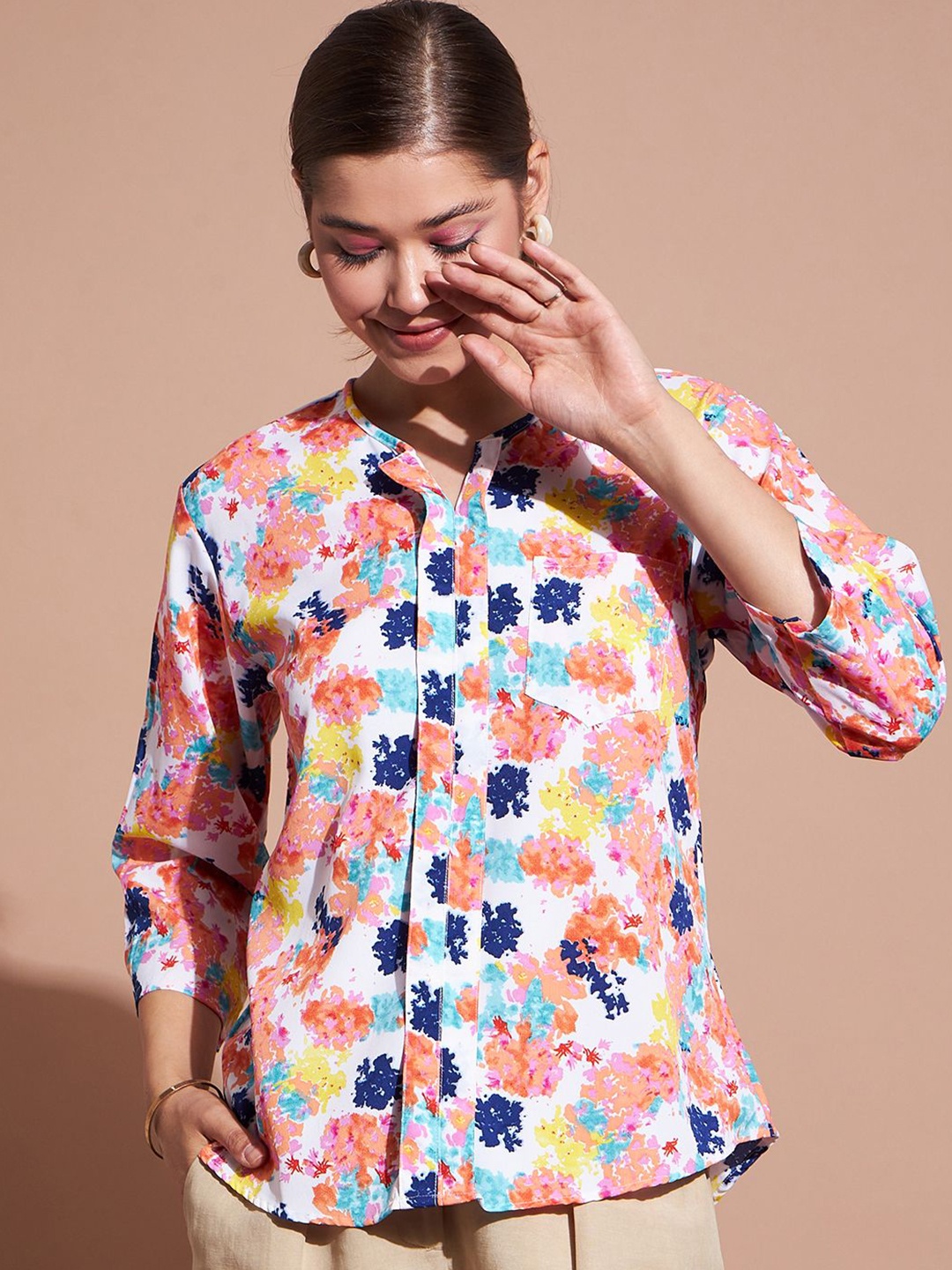 

DressBerry Women Printed Mandarin Collar Crepe Shirt Style Top, White