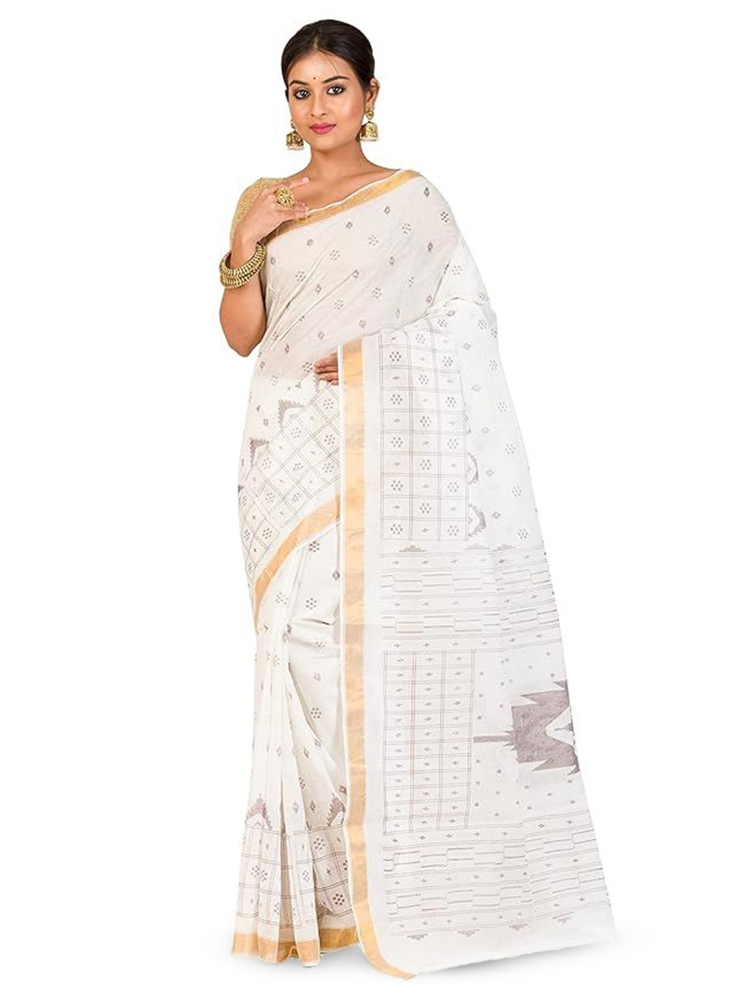 

RAJ SAREE HOUSE Woven Design Zari Pure Cotton Taant Saree, Off white