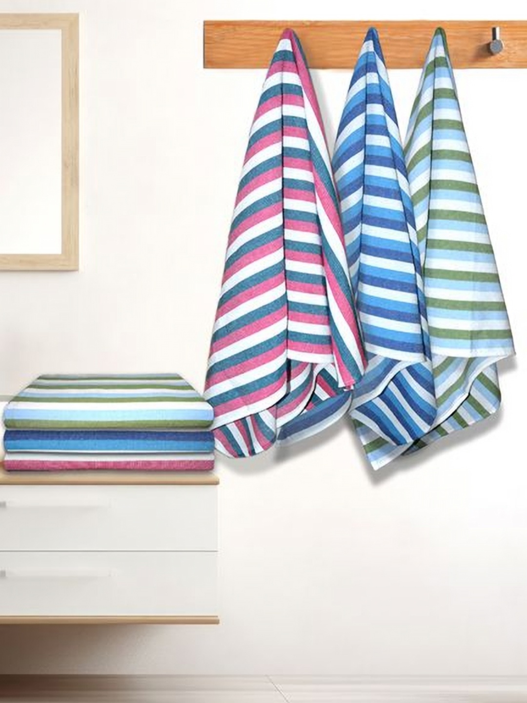 

Athom Living Iris Blue & Green 6 Pieces Striped Printed Cotton 210 GSM Bath Towels