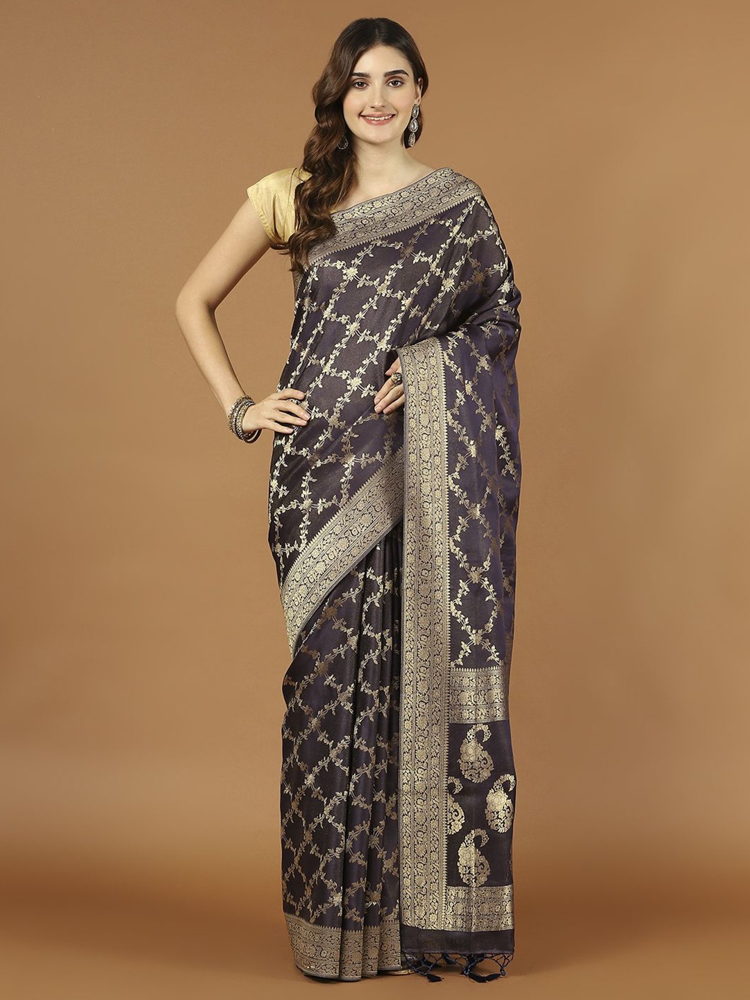 

Meena Bazaar Floral Woven Jaal Art Silk Saree, Grey