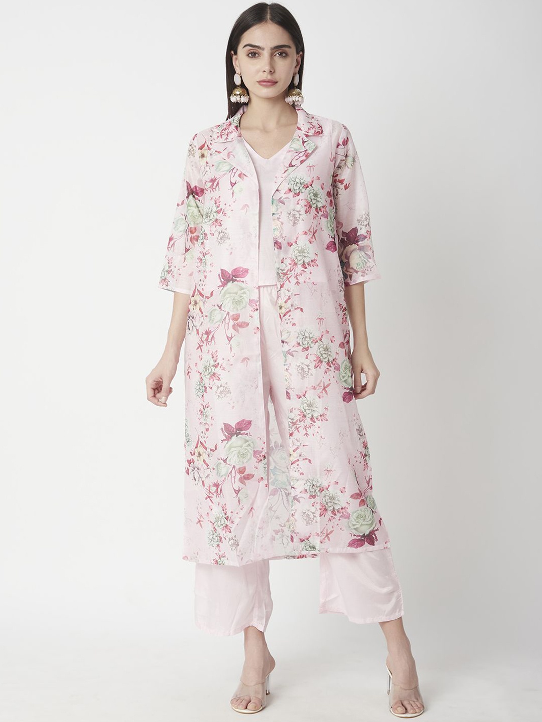 

R&B Printed V-Neck Top and Shrug With Trouser, Pink