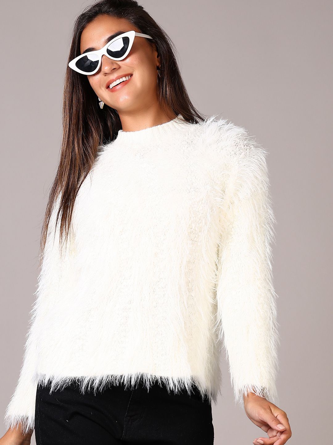 

V-Mart Women Fuzzy Self Design Pullover, Off white