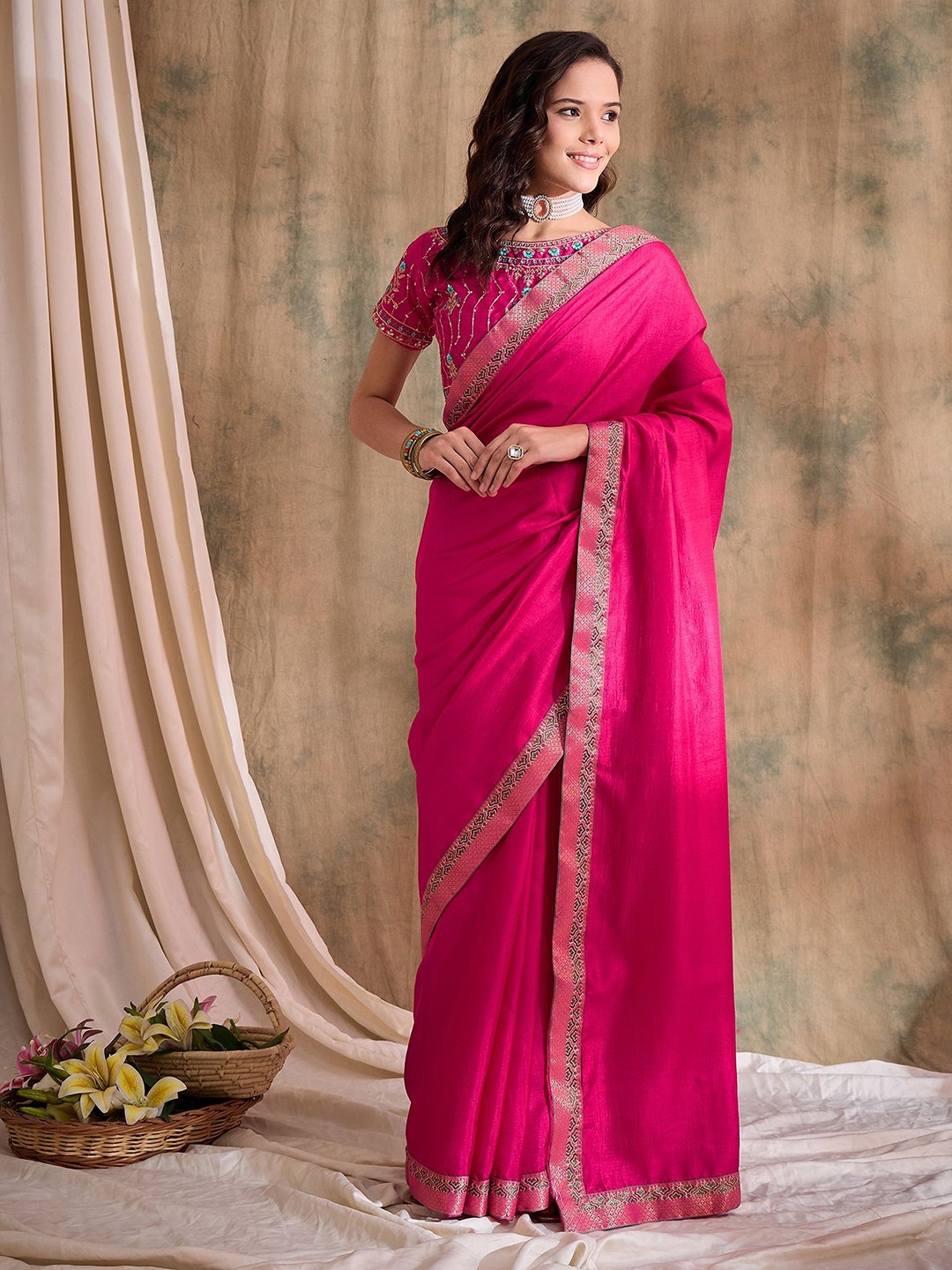 

Suha Embellished Sequinned Art Silk Ready to Wear Saree, Pink