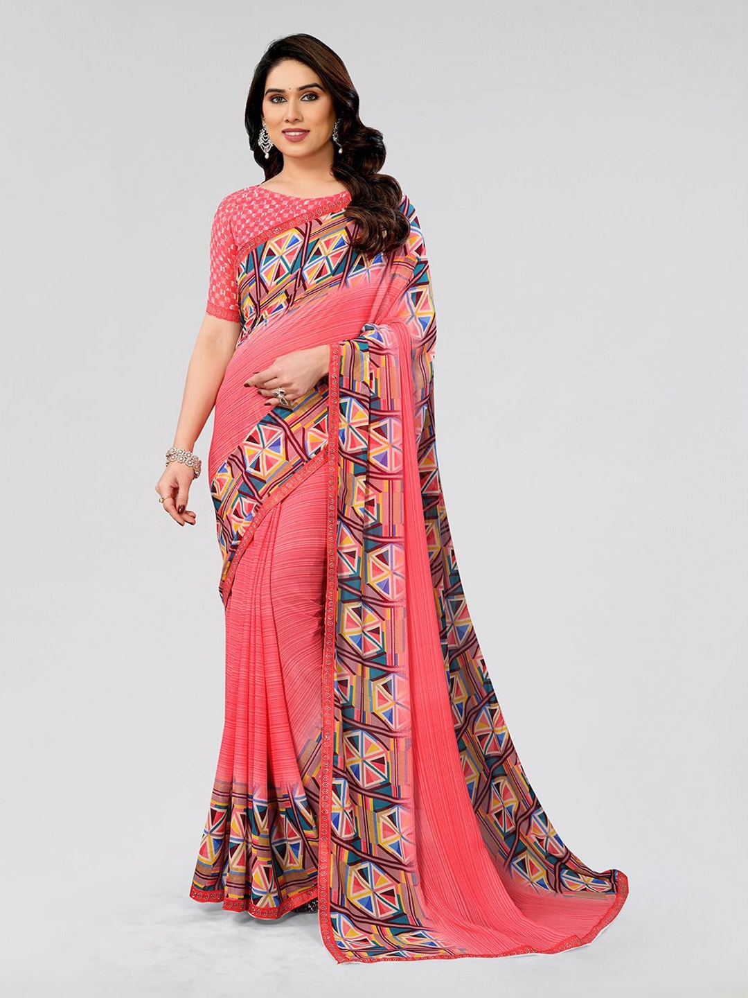 

ANAND SAREES Floral Sequinned Pure Georgette Saree, Pink