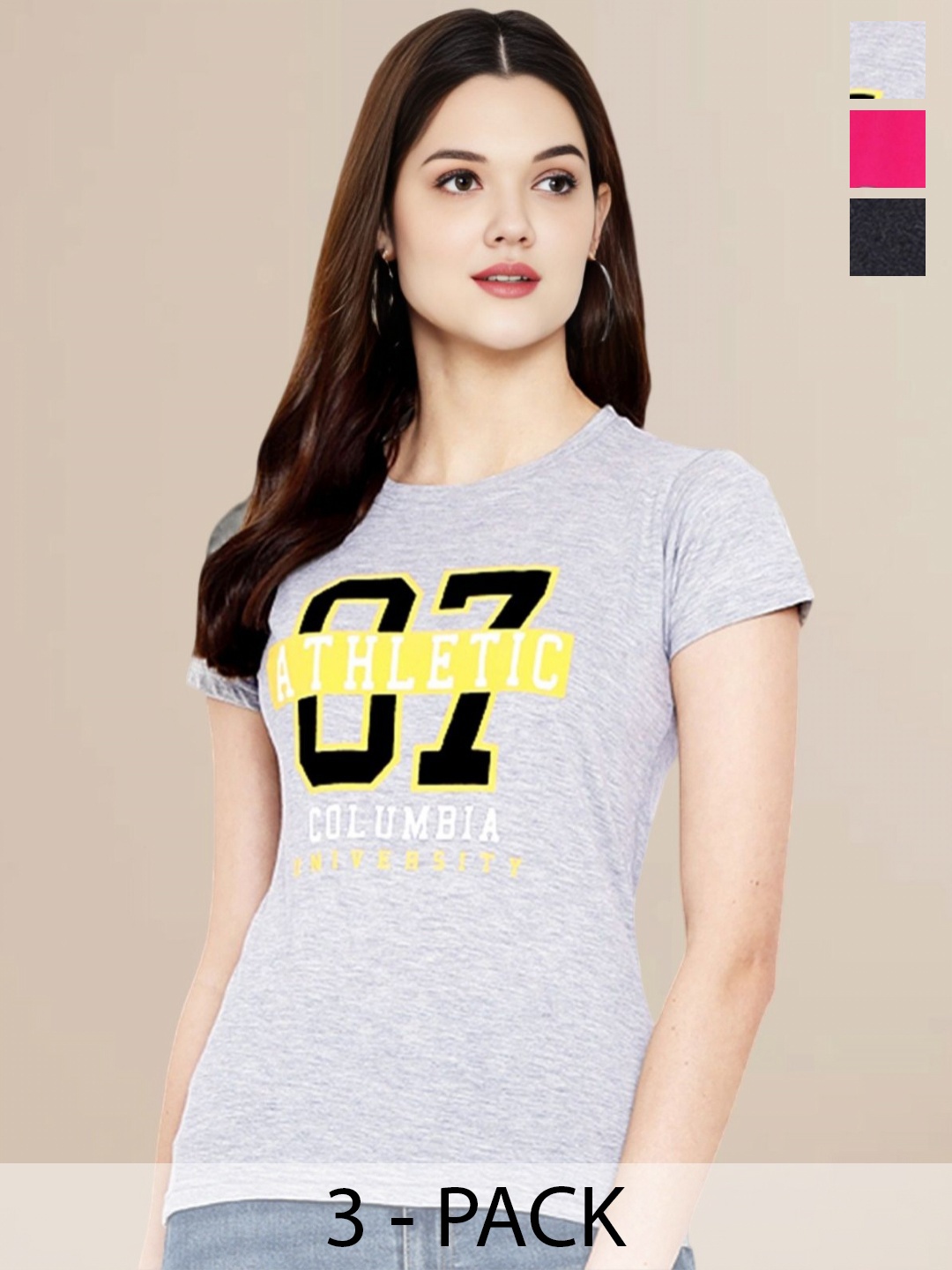 

Metronaut Women Pack Of 3 Typography Printed Round Neck Cotton T-shirts, Charcoal