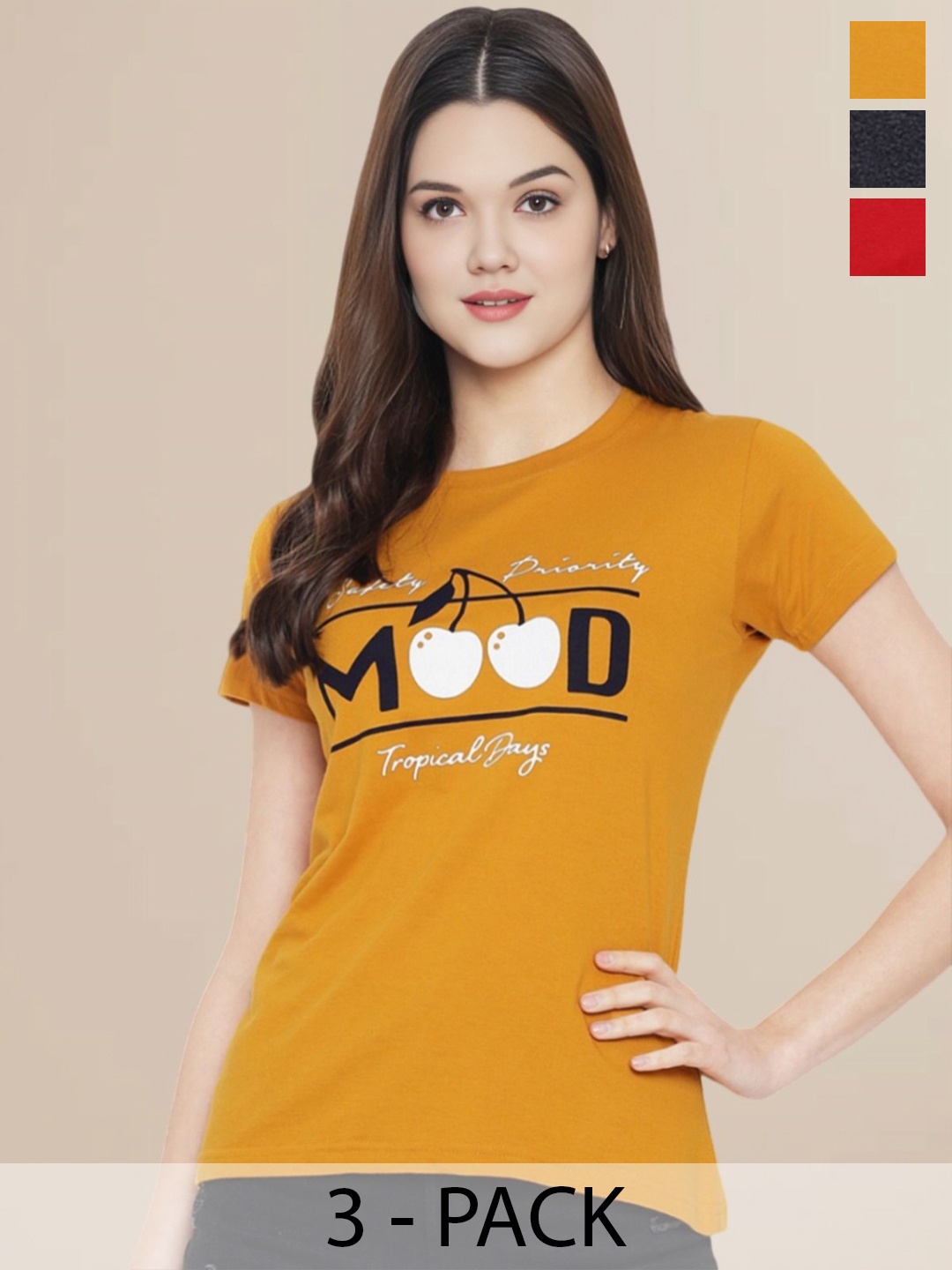 

Metronaut Women Pack Of 3 Typography Printed Round Neck Cotton T-shirts, Charcoal