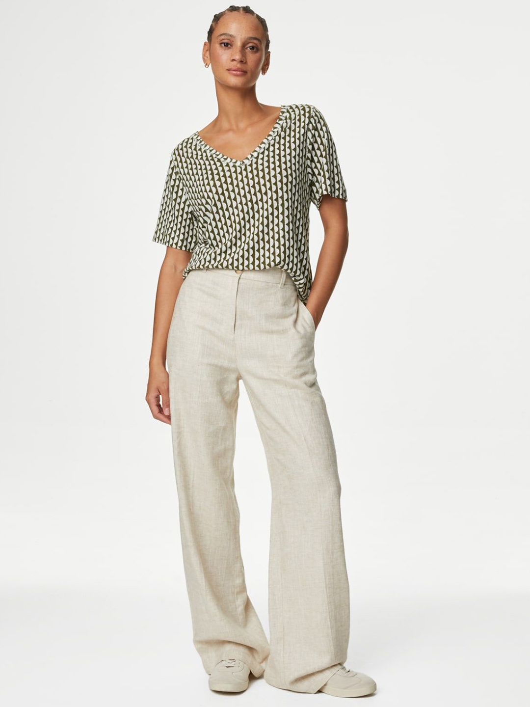 

Marks & Spencer Animal Print Extended Sleeves Linen Top, Green