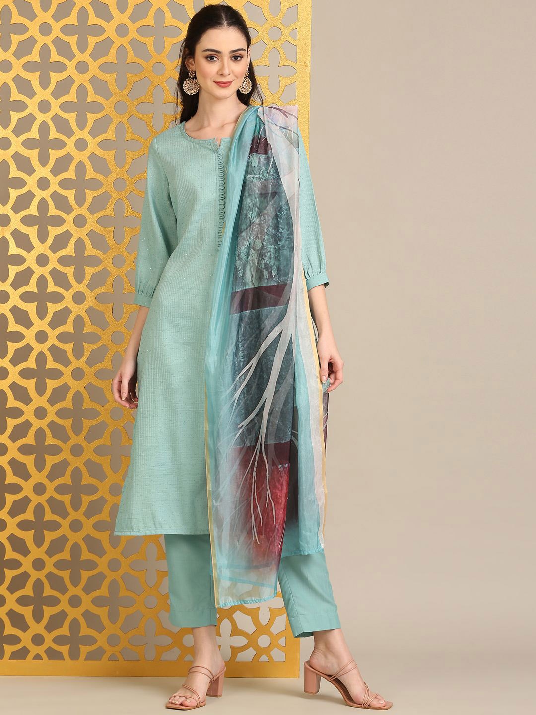 

Anouk Women Regular Sequinned Kurta with Trousers & With Dupatta, Turquoise blue