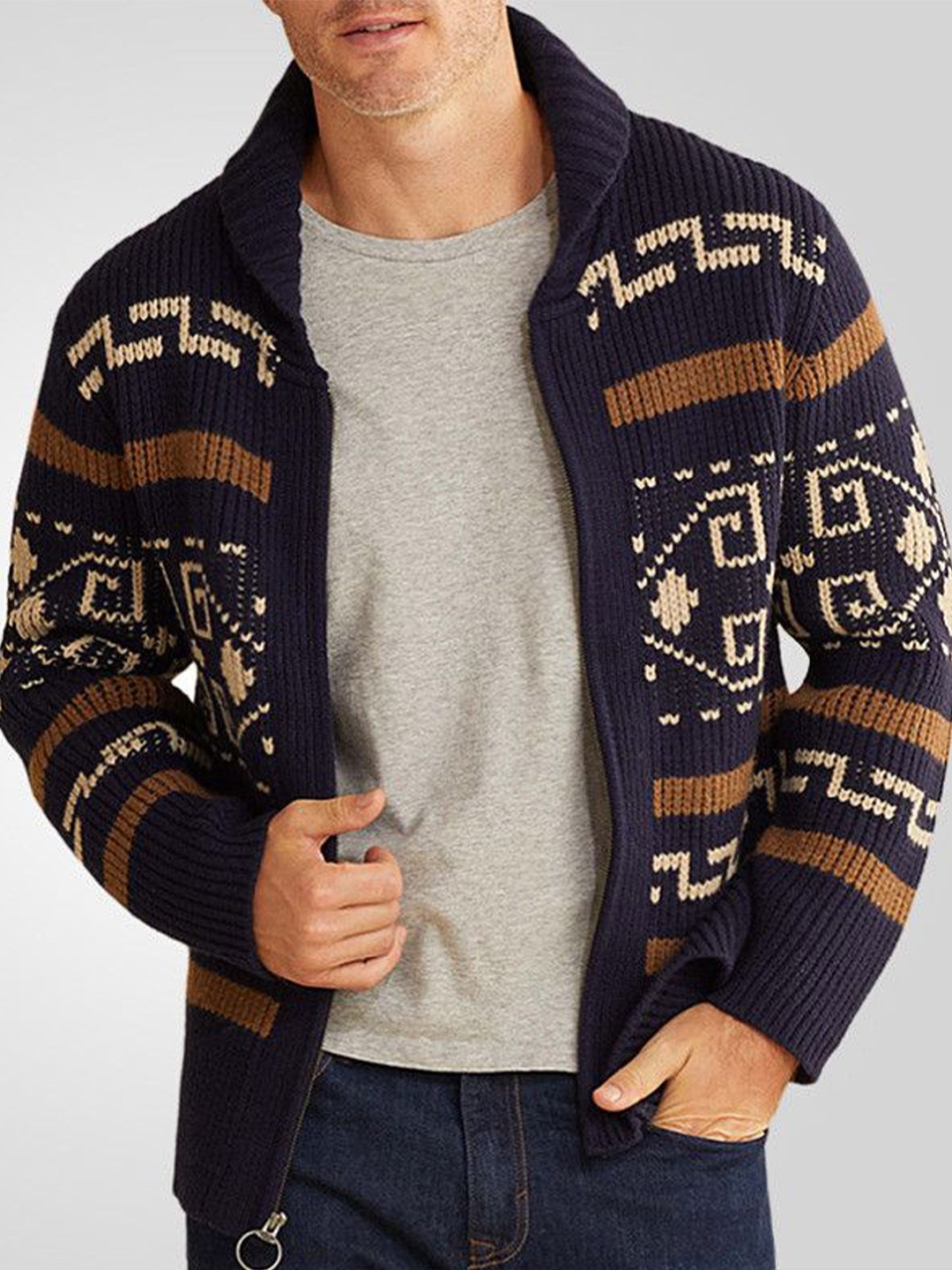 

Mast & Harbour Men Printed Cardigan, Navy blue