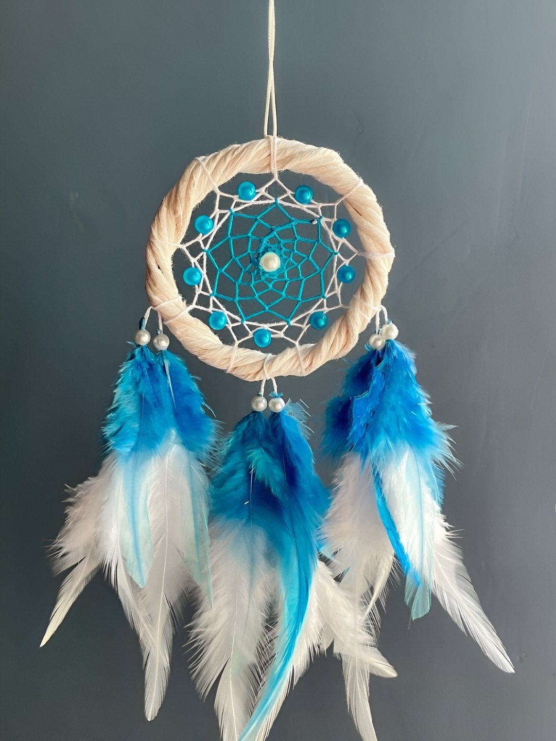 

UVID ART AND CRAFT SUPPLIES Blue & Off White Feathers and Beads Dream Catcher Wall Decor