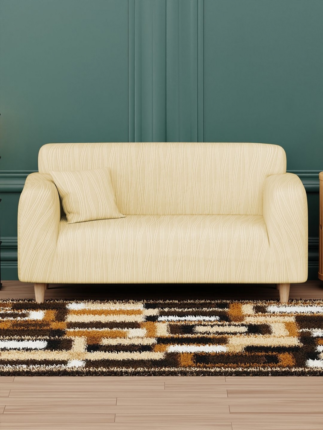 

Myntra Elegant Homes Yellow Wavy Stripes 2 Seater Sofa Cover With Cushion Cover
