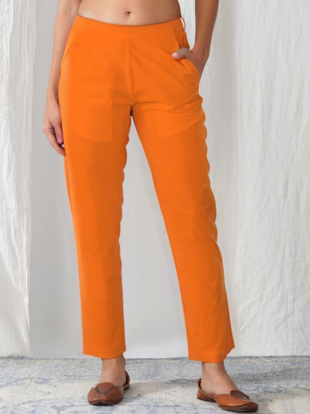 

zuri Women Cotton Relaxed Straight Leg Trousers, Orange