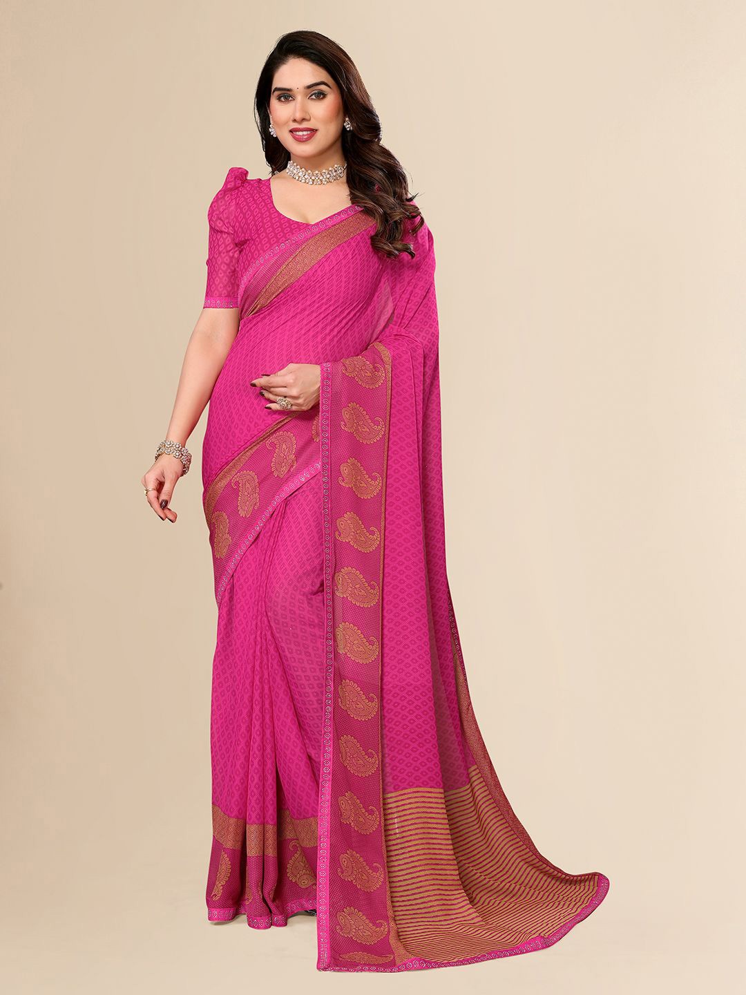 

ANAND SAREES Paisley Sequinned Pure Georgette Saree, Pink