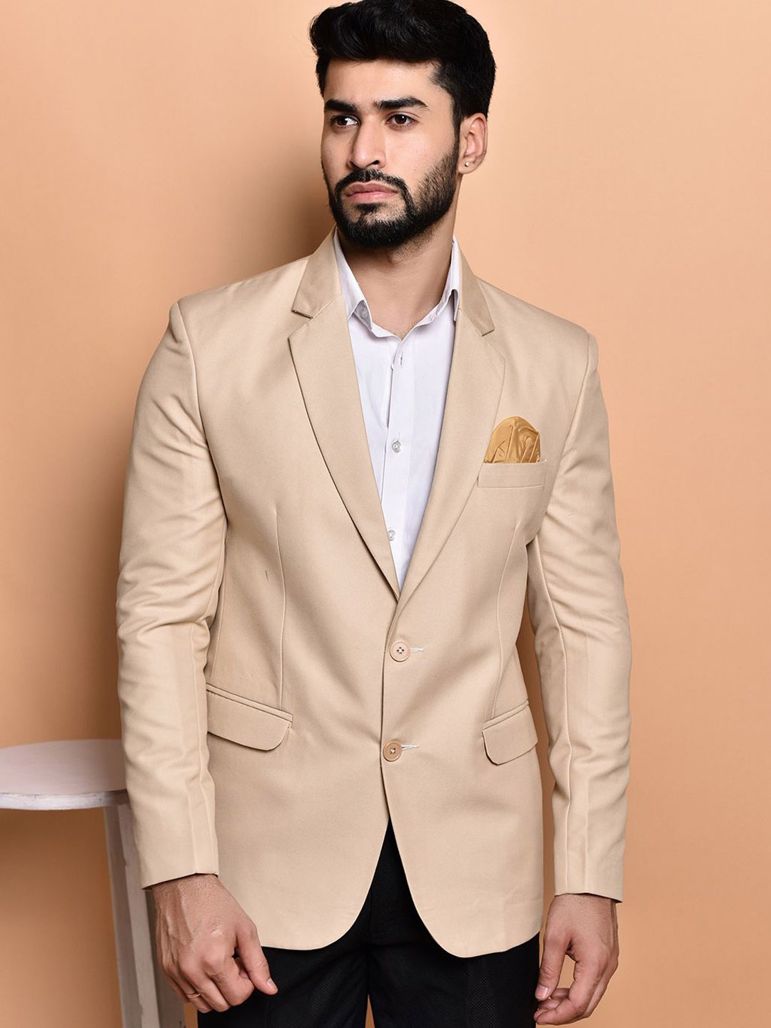 

PRINTINDIA Mandarin Collar Bandhgala Blazer, Beige