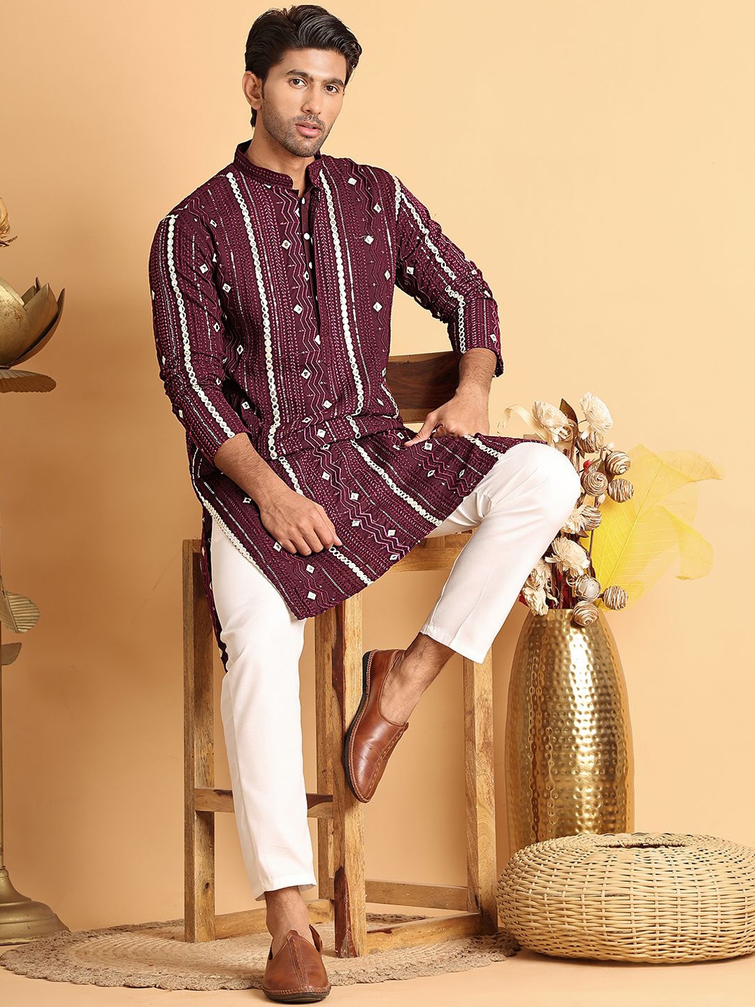 

Anouk Men Embroidered Regular Mirror Work Kurta with Pyjamas, Purple